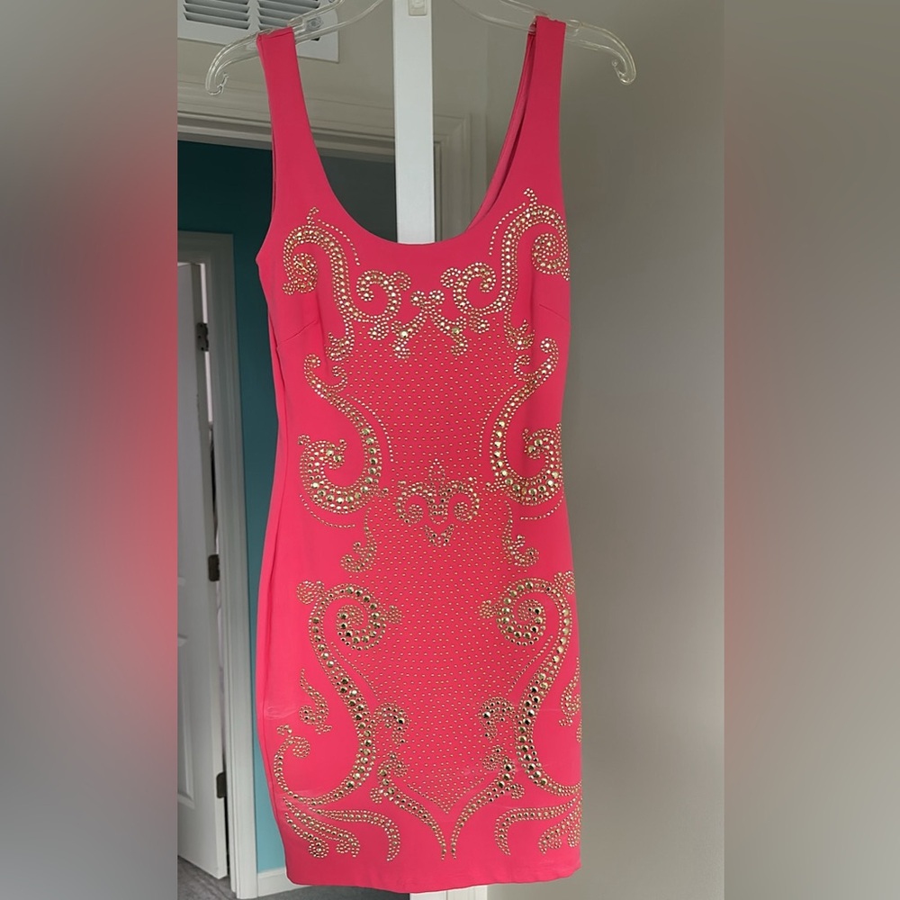 Bebe Bodycon Hot Pink Dress W/ Gold Studs- Sequin